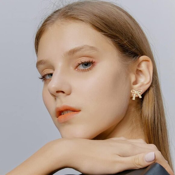 Minimalist 14K Gold Plated Bow Knot Cubic Zirconia Huggie Earrings for Women, El - Picture 6 of 6